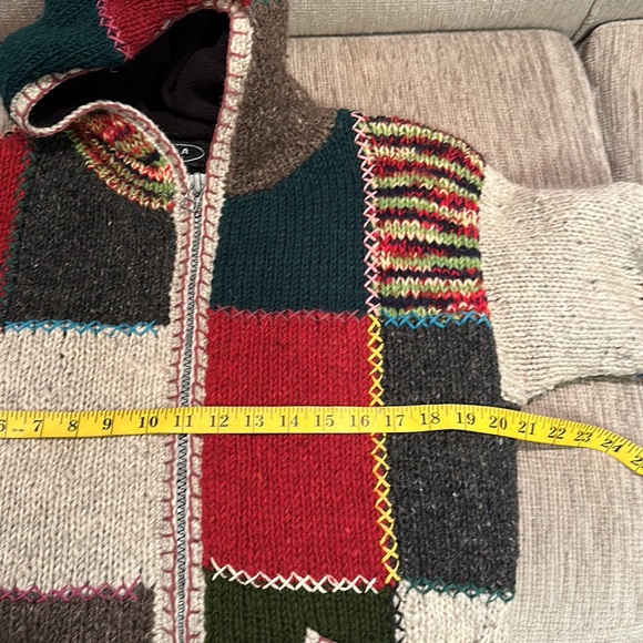 Patchwork boho hippie festival Wool Sweater jacket Chunky Knit Nepal small - Picture 9 of 11